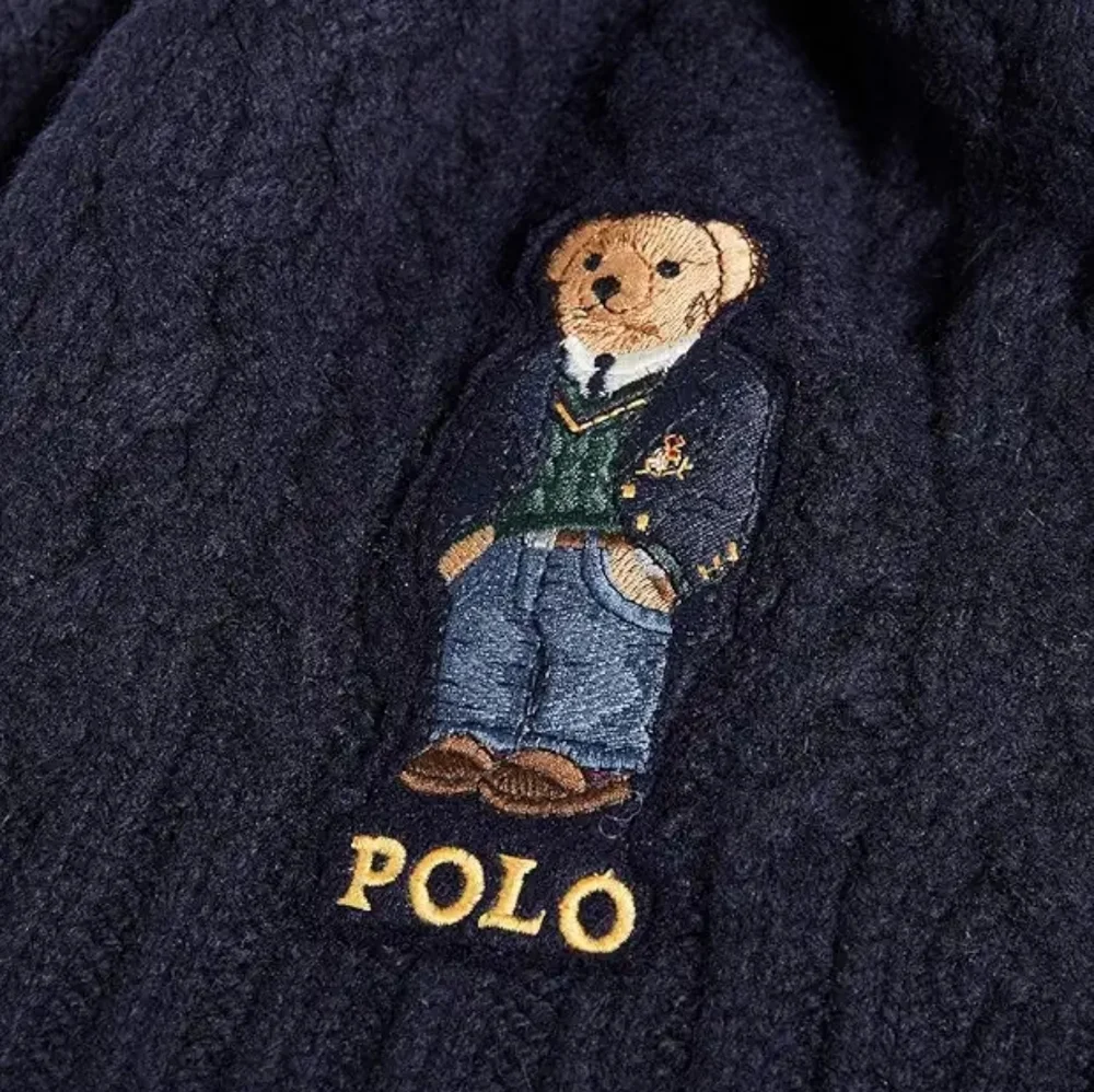 Polo Ralph Lauren Aran St. Andrew Bear Scarf Embroidered Navy Blue Cable Knit